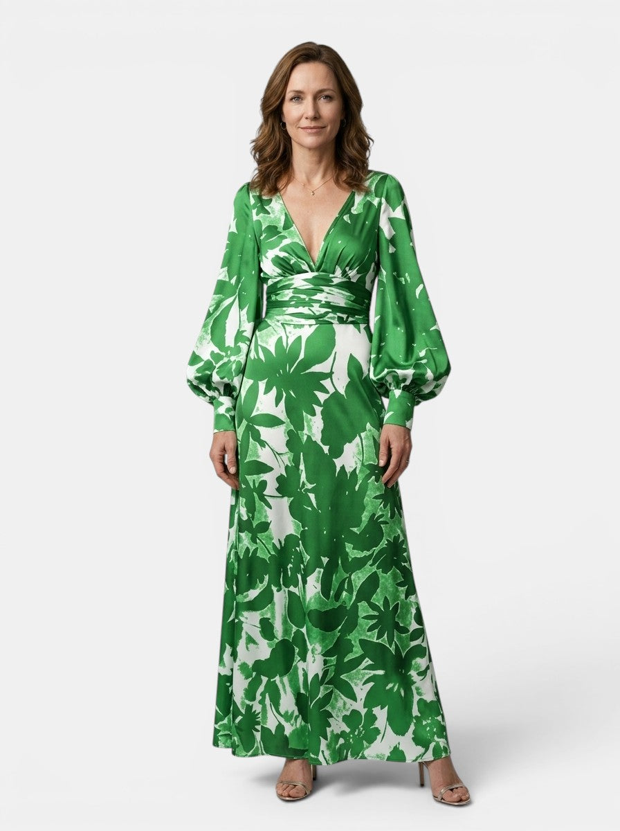 Cressida — Flowing Maxi Dress With Elegant Defined Waist And Long Sleeves Green
