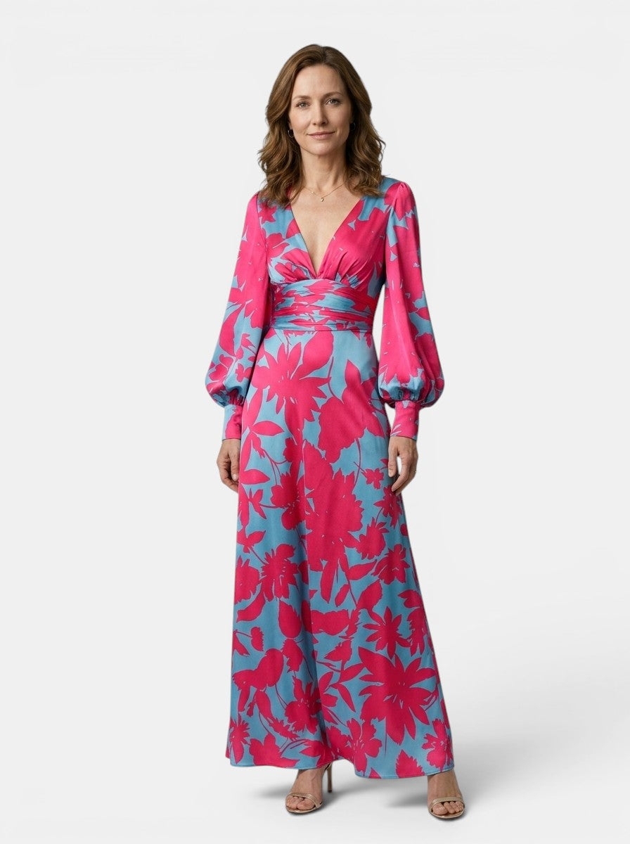 Cressida — Flowing Maxi Dress With Elegant Defined Waist And Long Sleeves Pink