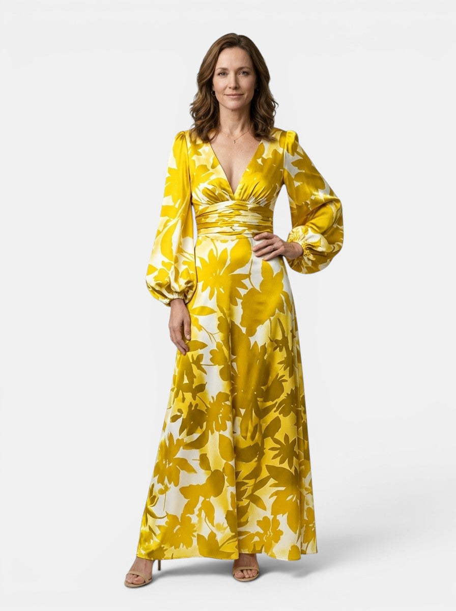 Cressida — Flowing Maxi Dress With Elegant Defined Waist And Long Sleeves Yellow