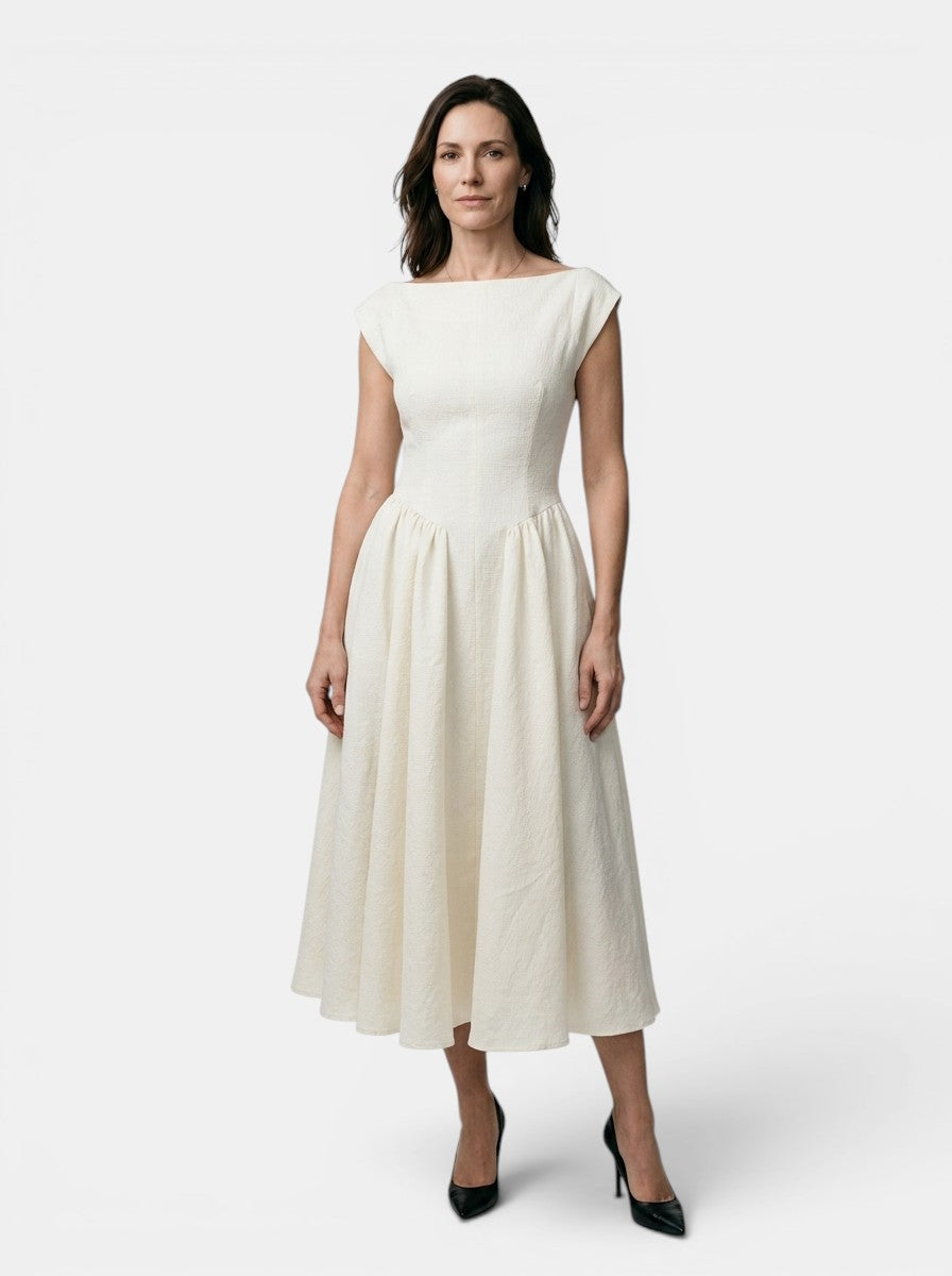 Octavia — Flowing Midi Dress With Elegant Cap Sleeve Fit And Flare Design White