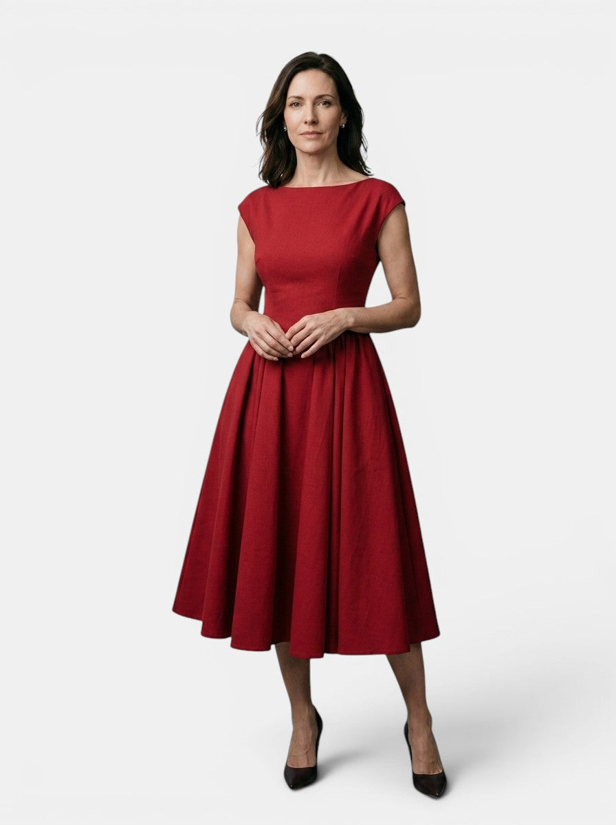 Octavia — Flowing Midi Dress With Elegant Cap Sleeve Fit And Flare Design Red