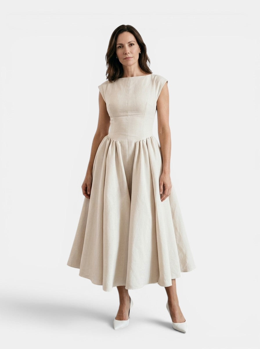 Octavia — Flowing Midi Dress With Elegant Cap Sleeve Fit And Flare Design Beige