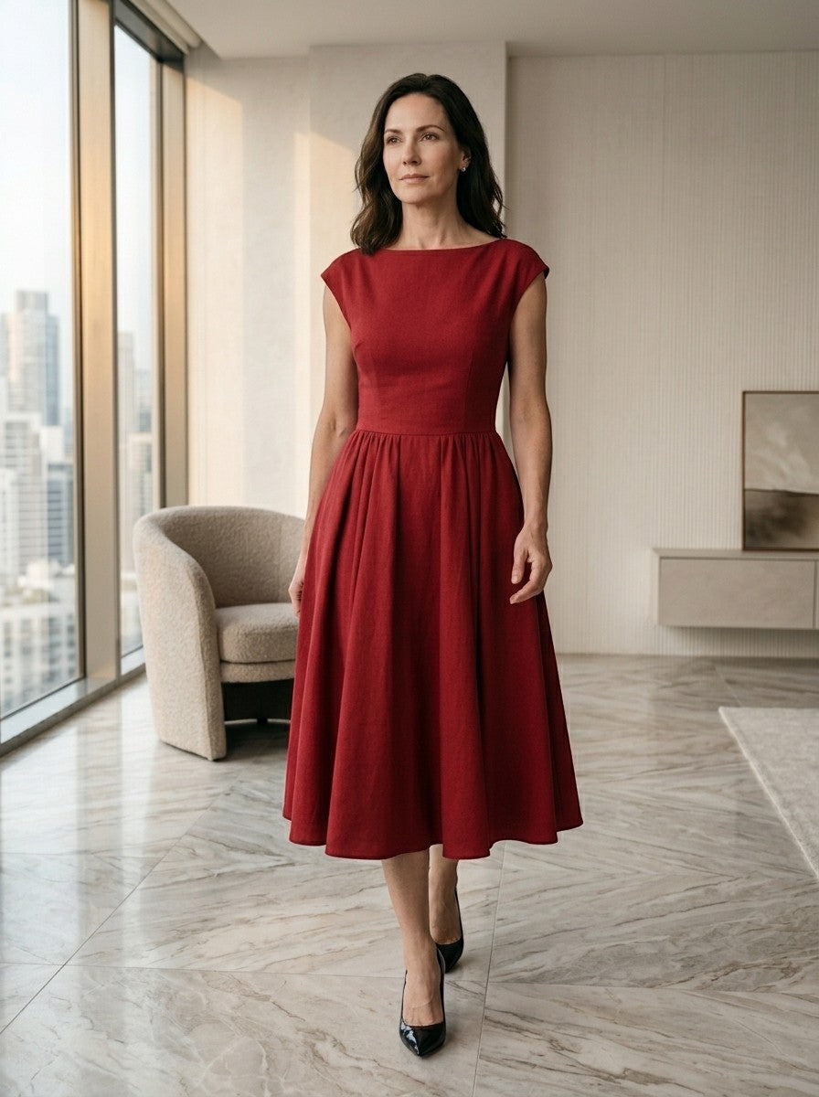 Octavia — Flowing Midi Dress With Elegant Cap Sleeve Fit And Flare Design