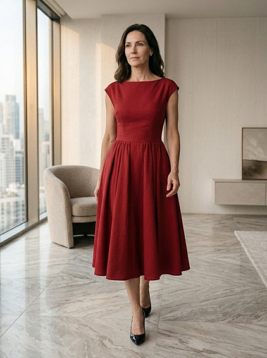 Octavia — Flowing Midi Dress With Elegant Cap Sleeve Fit And Flare Design