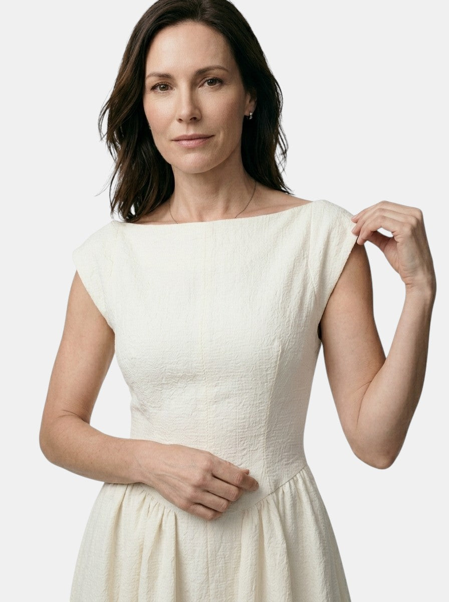 Octavia — Flowing Midi Dress With Elegant Cap Sleeve Fit And Flare Design