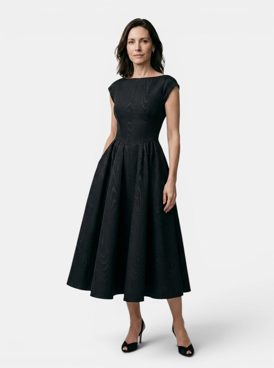 Octavia — Flowing Midi Dress With Elegant Cap Sleeve Fit And Flare Design Black