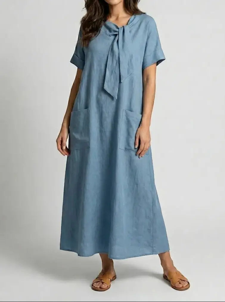 Marguerite — Flowy Fabric Summer Dress With Elegant Chic Neck-Tie Design And Pockets Blue