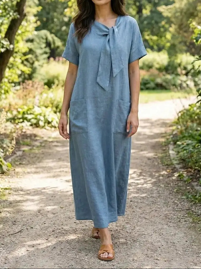 Marguerite — Flowy Fabric Summer Dress With Elegant Chic Neck-Tie Design And Pockets
