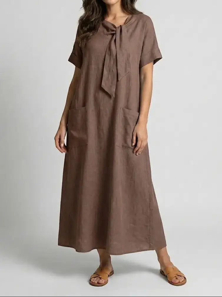 Marguerite — Flowy Fabric Summer Dress With Elegant Chic Neck-Tie Design And Pockets Brown
