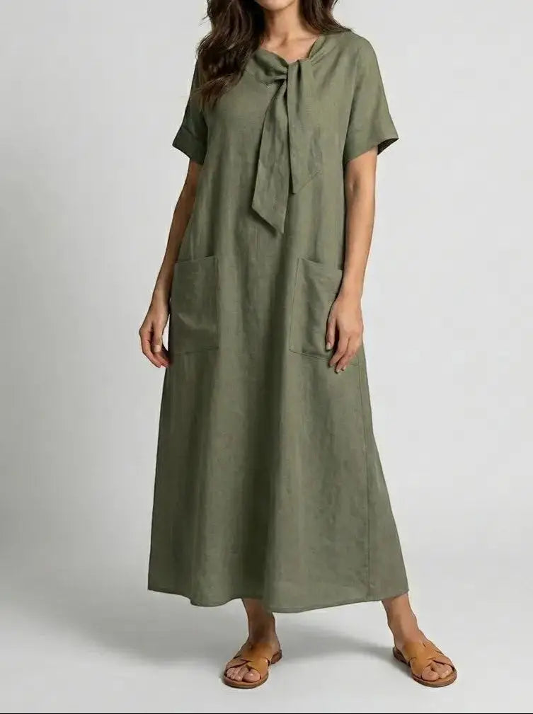 Marguerite — Flowy Fabric Summer Dress With Elegant Chic Neck-Tie Design And Pockets Army Green