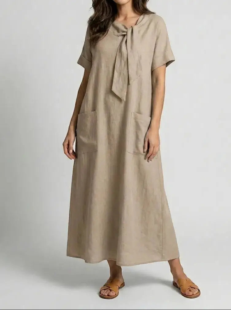 Marguerite — Flowy Fabric Summer Dress With Elegant Chic Neck-Tie Design And Pockets Khaki