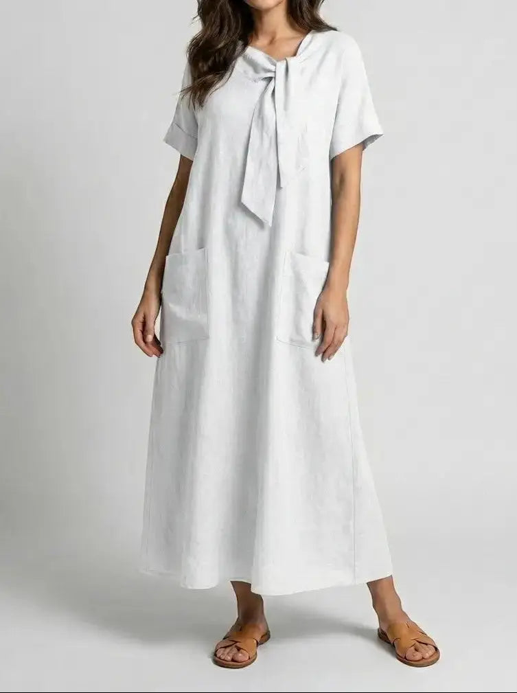 Marguerite — Flowy Fabric Summer Dress With Elegant Chic Neck-Tie Design And Pockets Beige