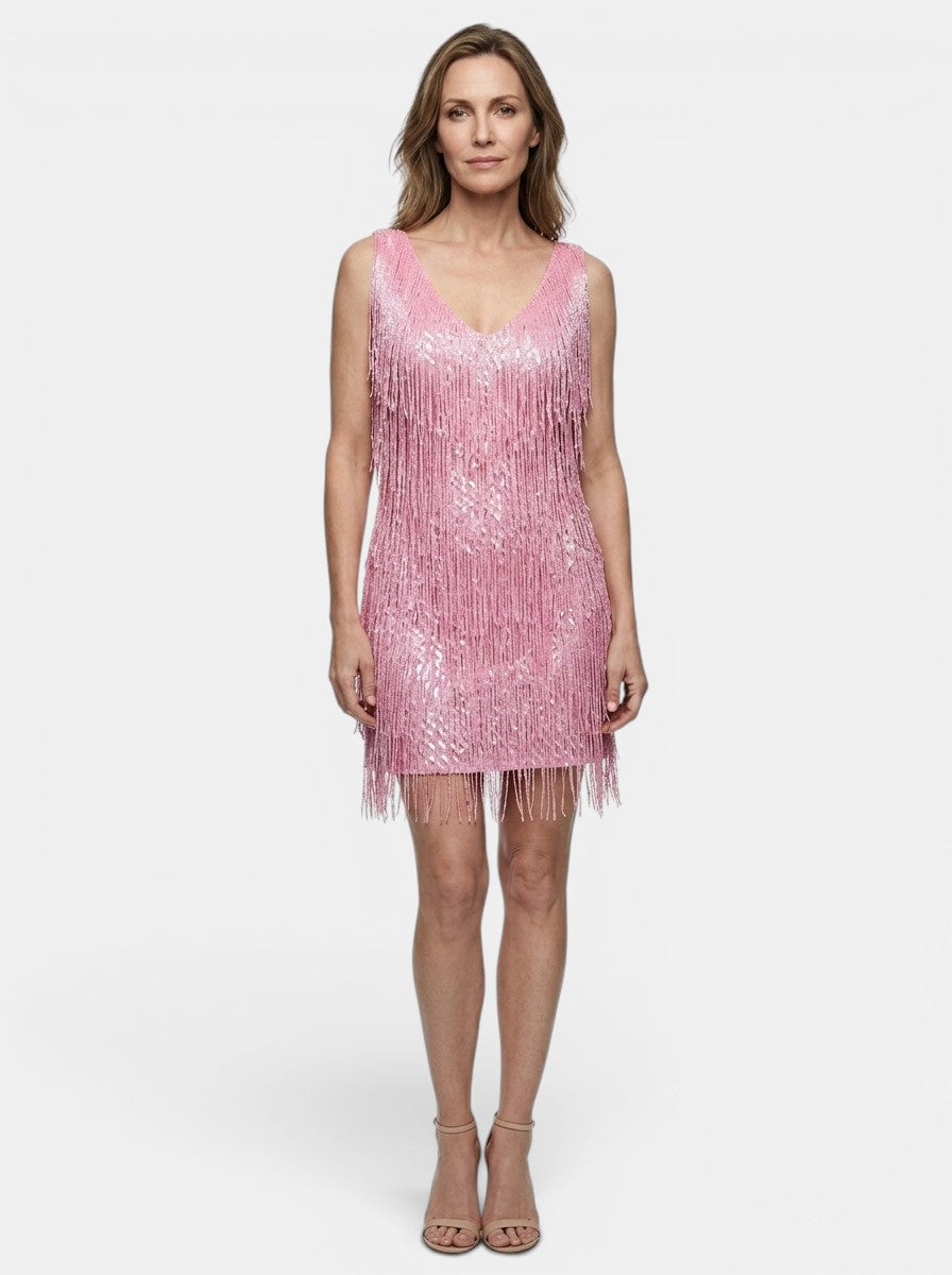 Marisol — Fringe Mini Dress With Vibrant V-Neck Cocktail Design Pink