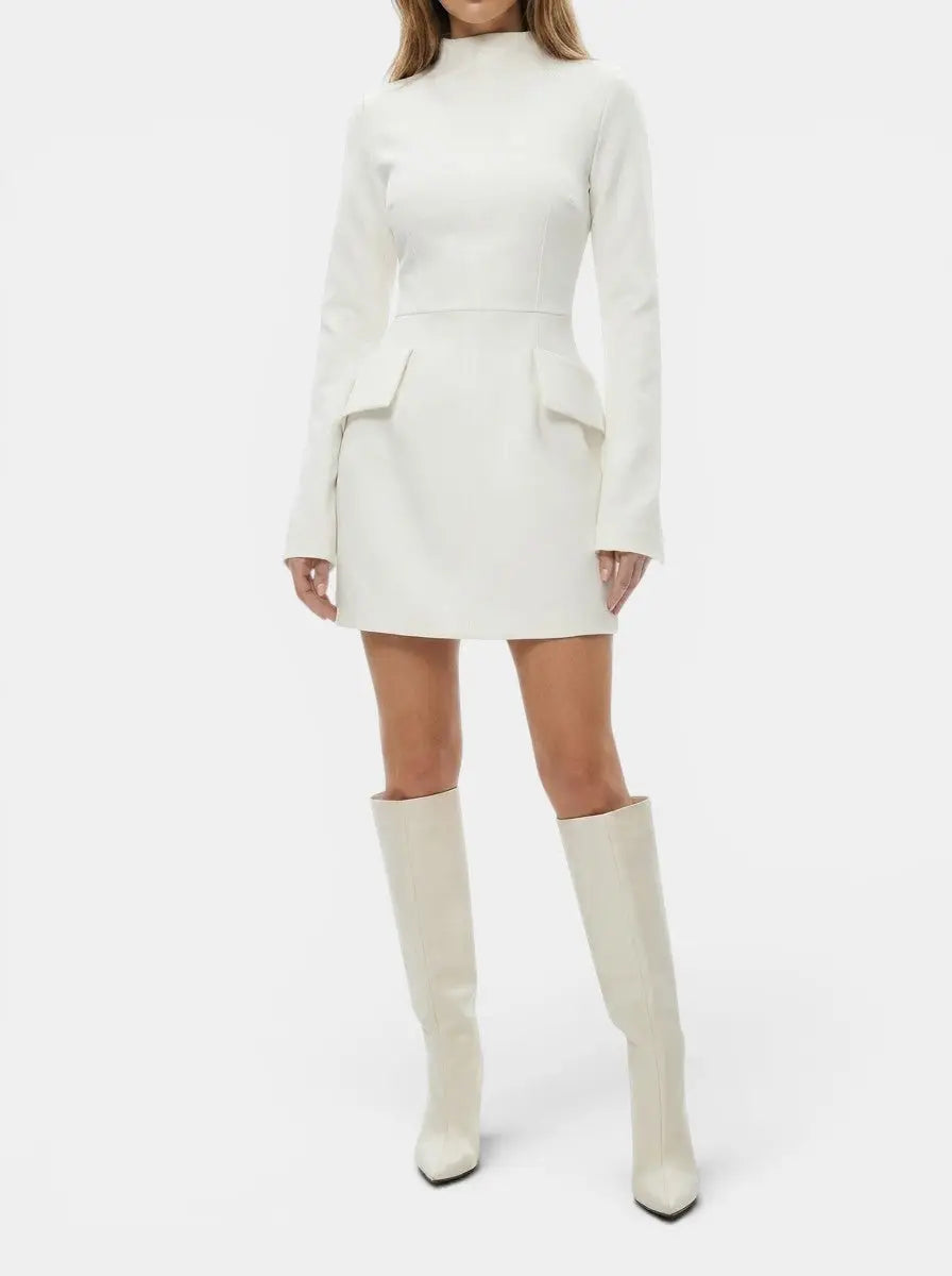 Cassandra — High-Quality Fabric Mini Dress With Elegant Long Sleeves For Colder Months White