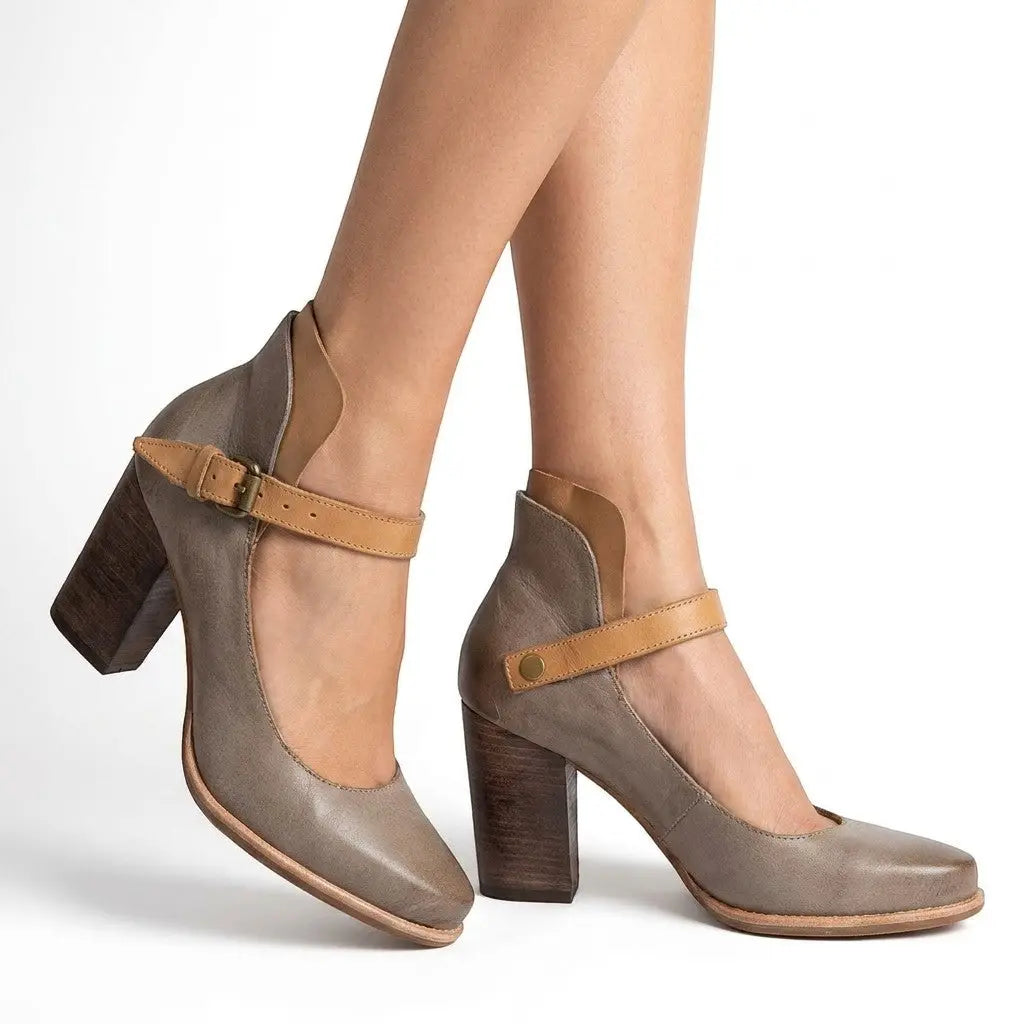Strapelegance — Leather Heel Sandals With Elegant Adjustable Straps Summer Design Grey