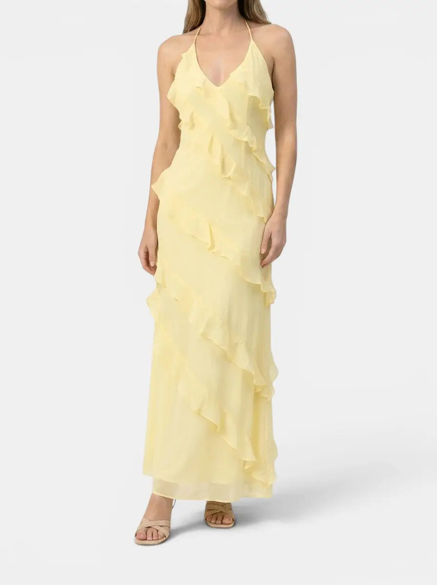 Florentina — Light Fabric Maxi Dress With Elegant Halter Neck Tiered Ruffles For Summer Events Yellow