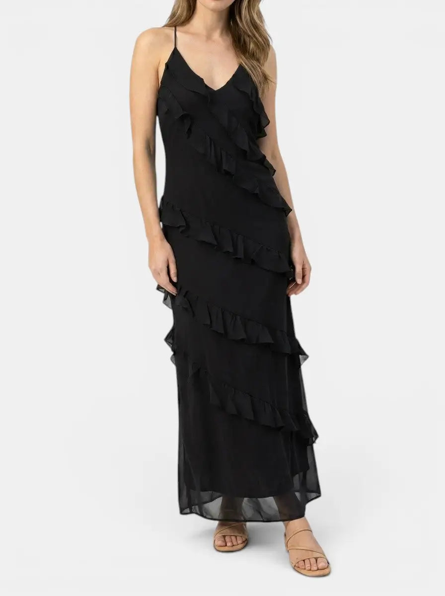 Florentina — Light Fabric Maxi Dress With Elegant Halter Neck Tiered Ruffles For Summer Events Black