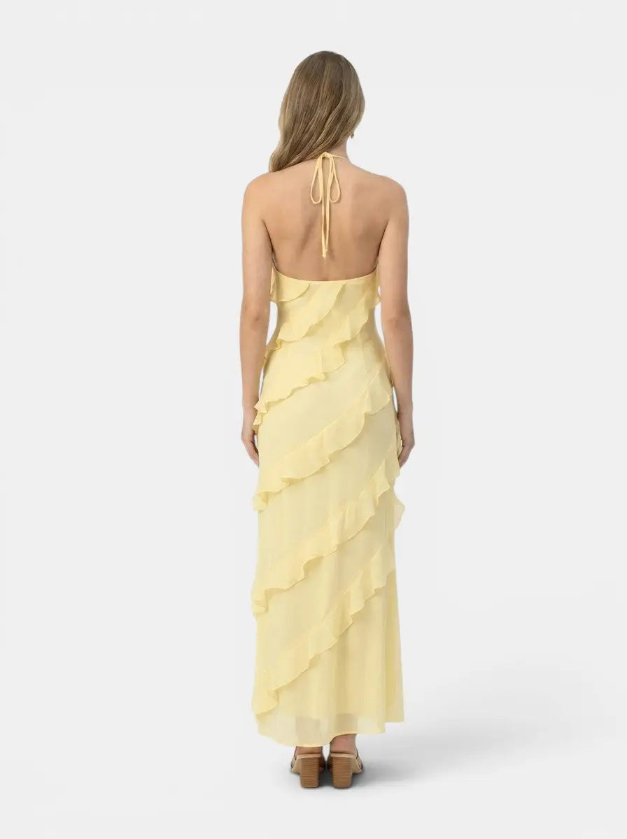 Florentina — Light Fabric Maxi Dress With Elegant Halter Neck Tiered Ruffles For Summer Events