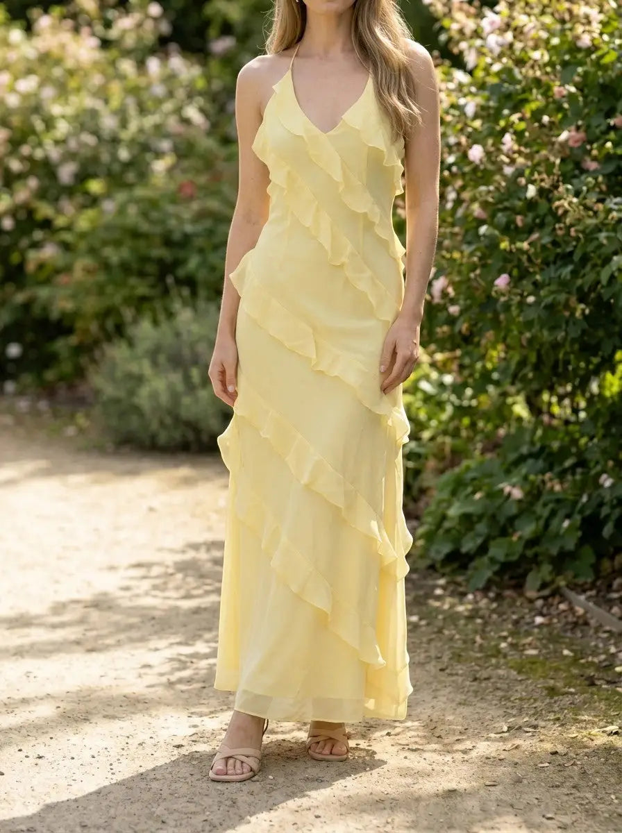 Florentina — Light Fabric Maxi Dress With Elegant Halter Neck Tiered Ruffles For Summer Events