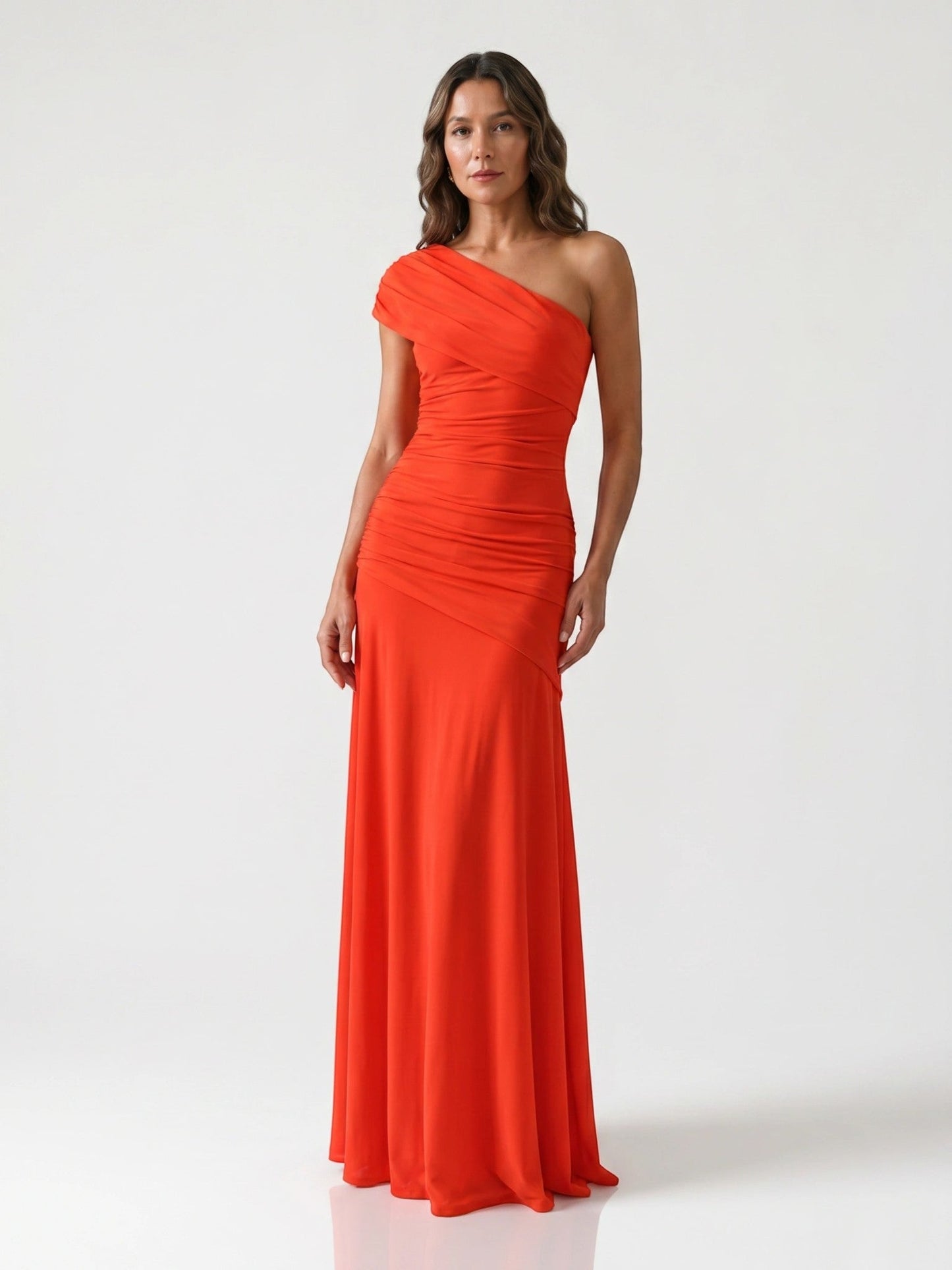 Wilhelmina — Lightweight Asymmetrical Gathered Dress For Elegant Maxi Cocktail Evenings Orange
