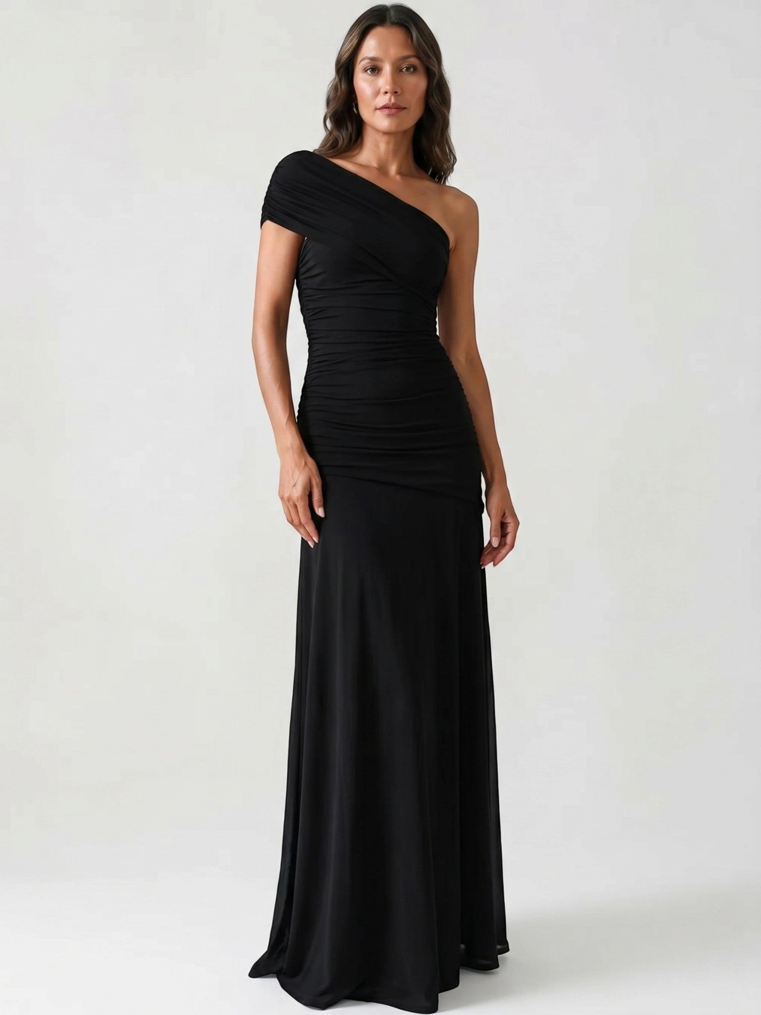 Wilhelmina — Lightweight Asymmetrical Gathered Dress For Elegant Maxi Cocktail Evenings Black