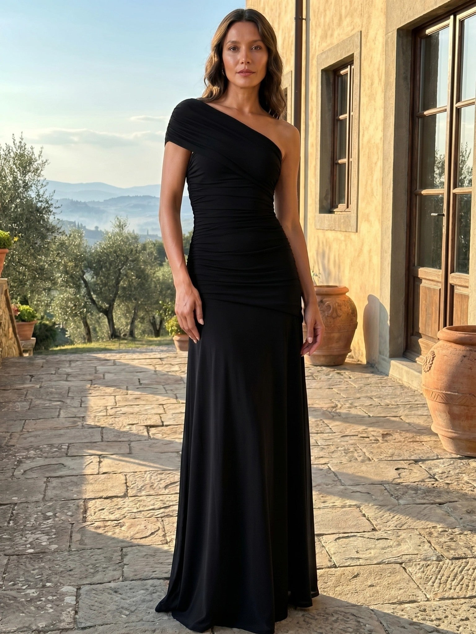 Wilhelmina — Lightweight Asymmetrical Gathered Dress For Elegant Maxi Cocktail Evenings