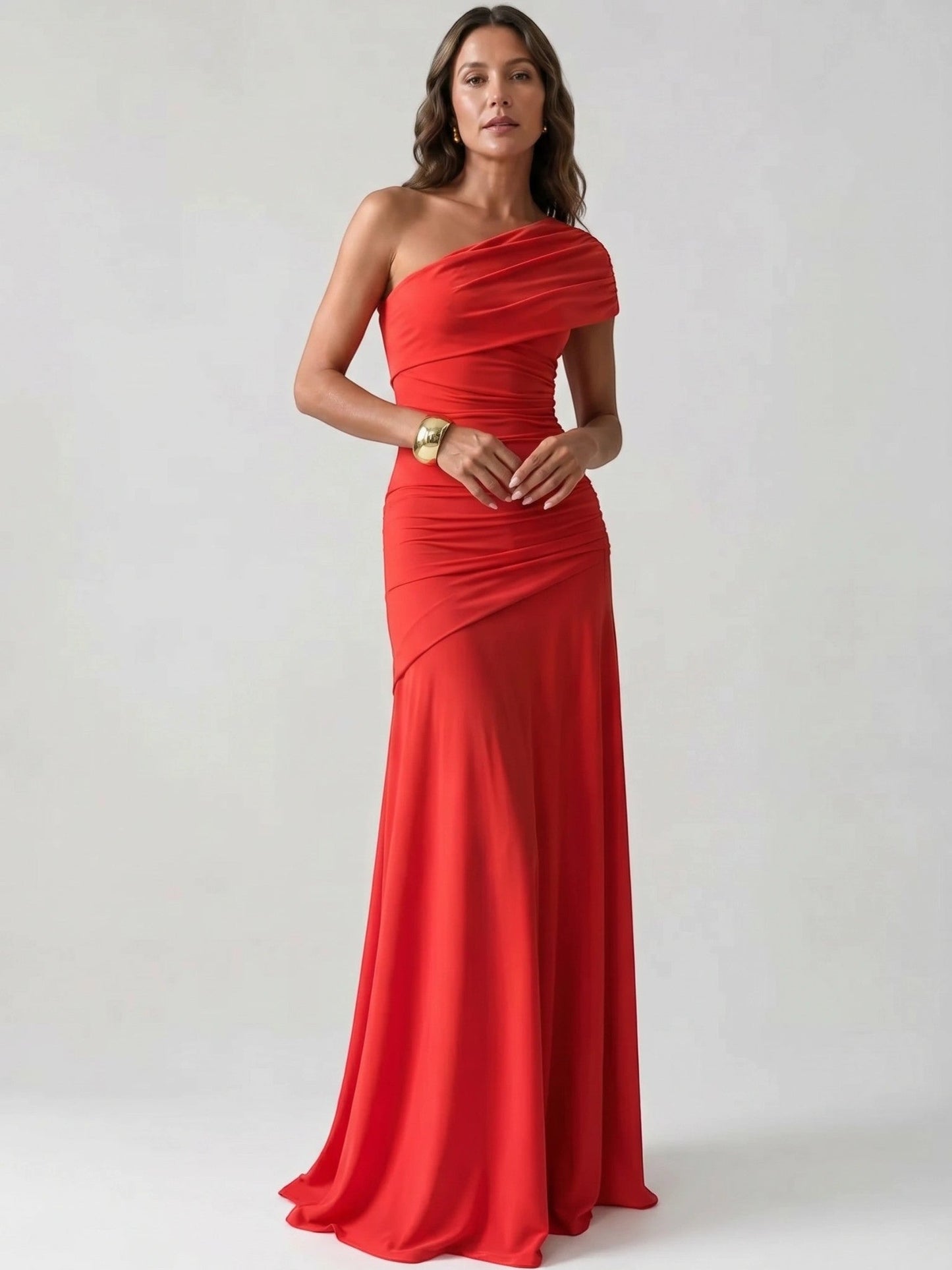 Wilhelmina — Lightweight Asymmetrical Gathered Dress For Elegant Maxi Cocktail Evenings Red
