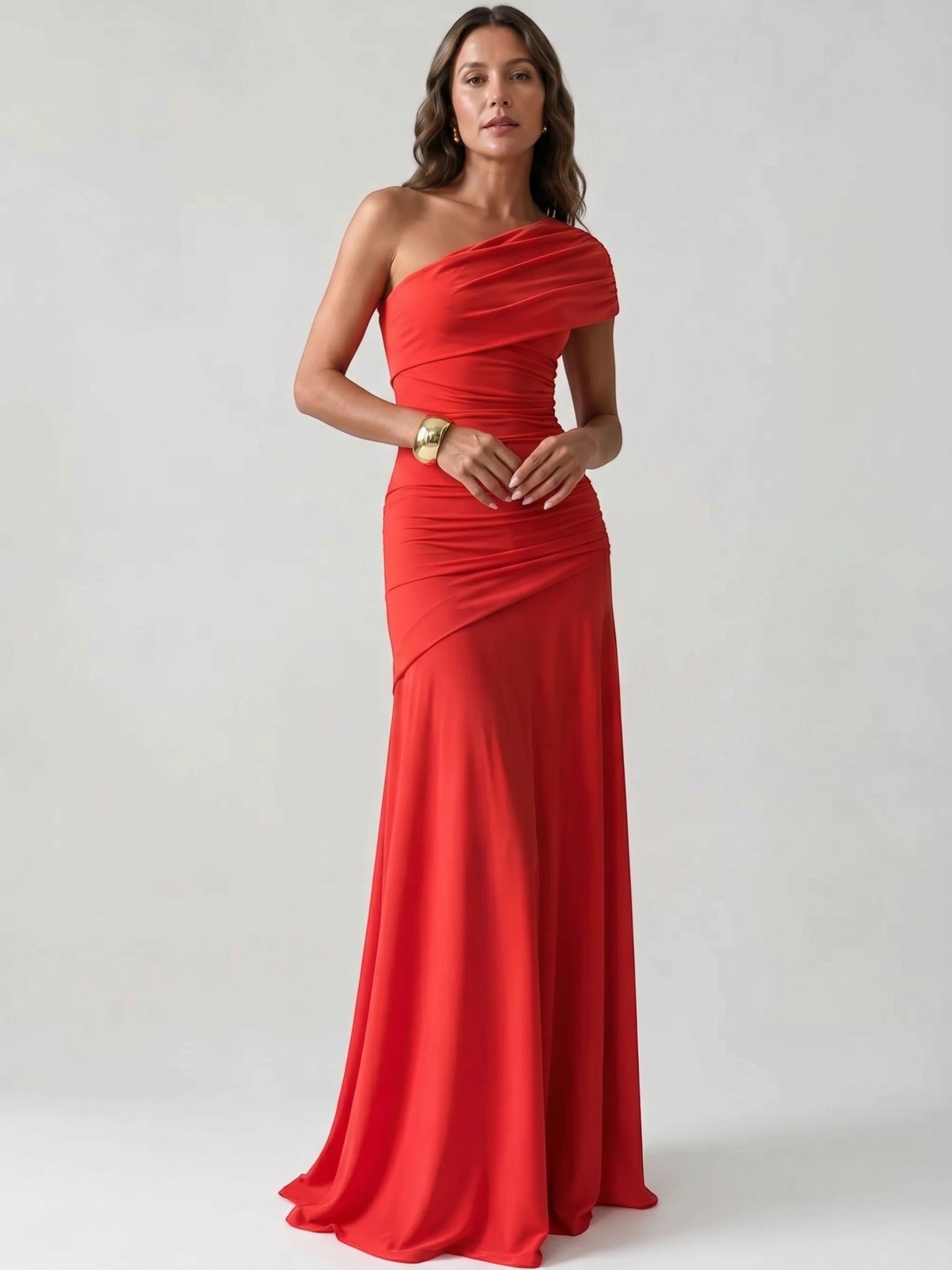 Wilhelmina — Lightweight Asymmetrical Gathered Dress For Elegant Maxi Cocktail Evenings Red