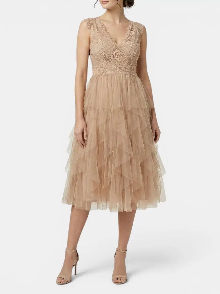 Odette — Lightweight Chiffon Mini Cocktail Dress With Elegant Ruffled Party Design Beige