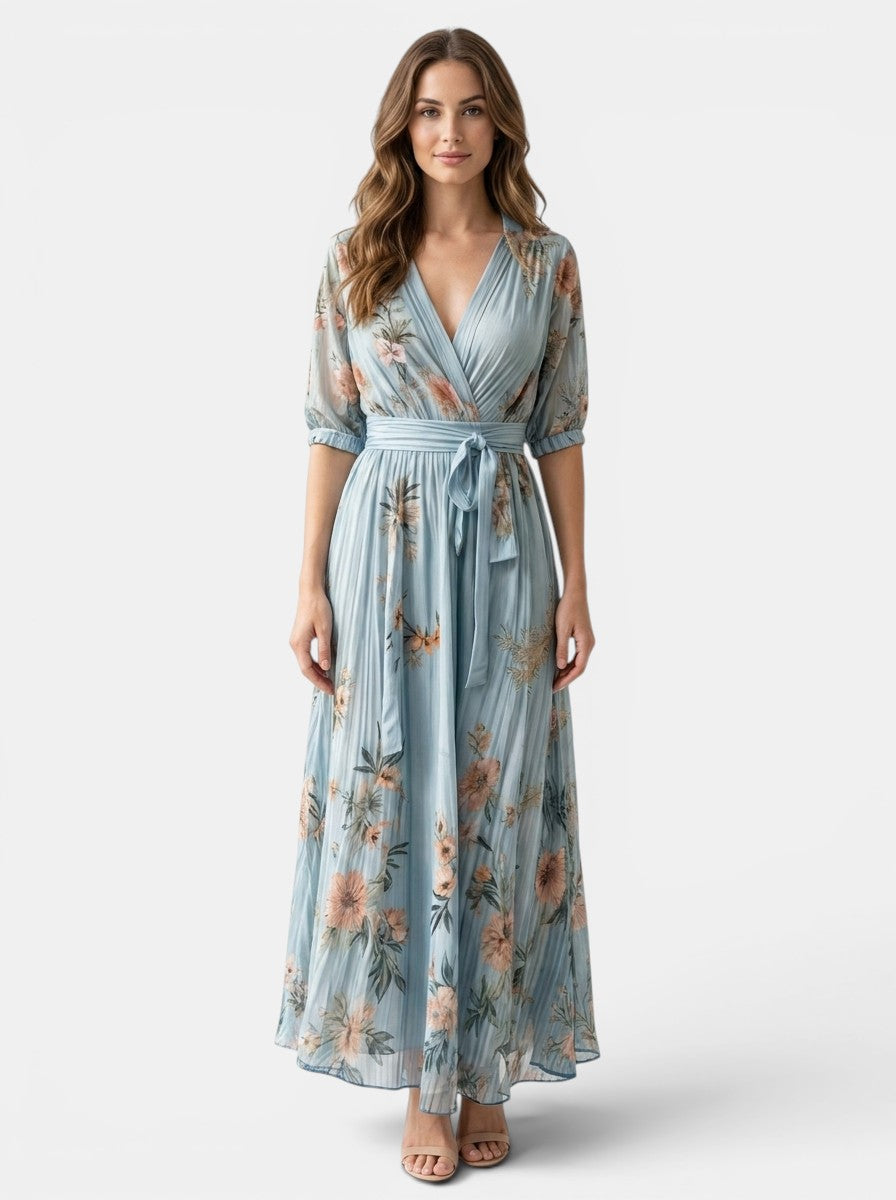 Perpetua — Lightweight Fabric Midi Dress With Flowing V-Neck Summer Style Bleu