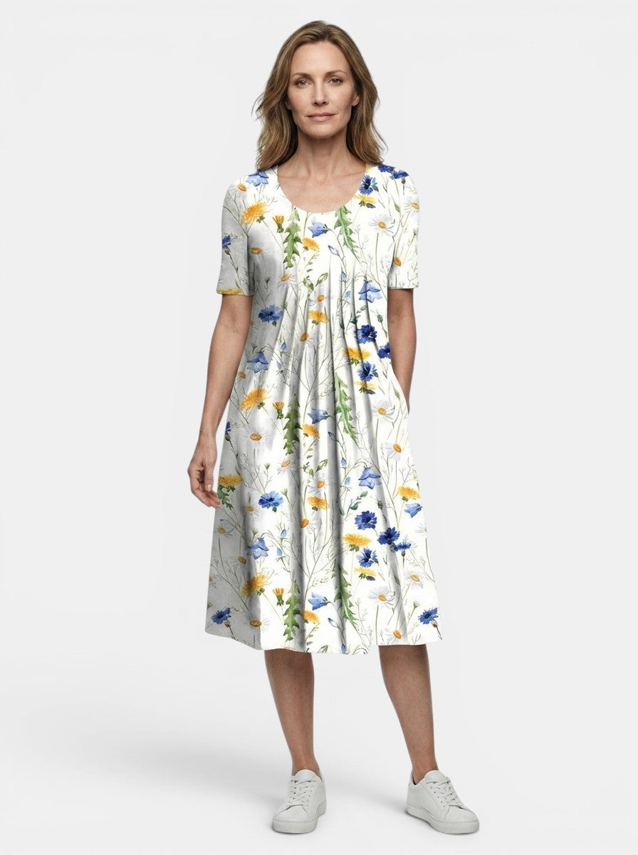 Theodora — Lightweight Floral Print Midi Dress With Flowy A-Line Summer Silhouette Light Yellow