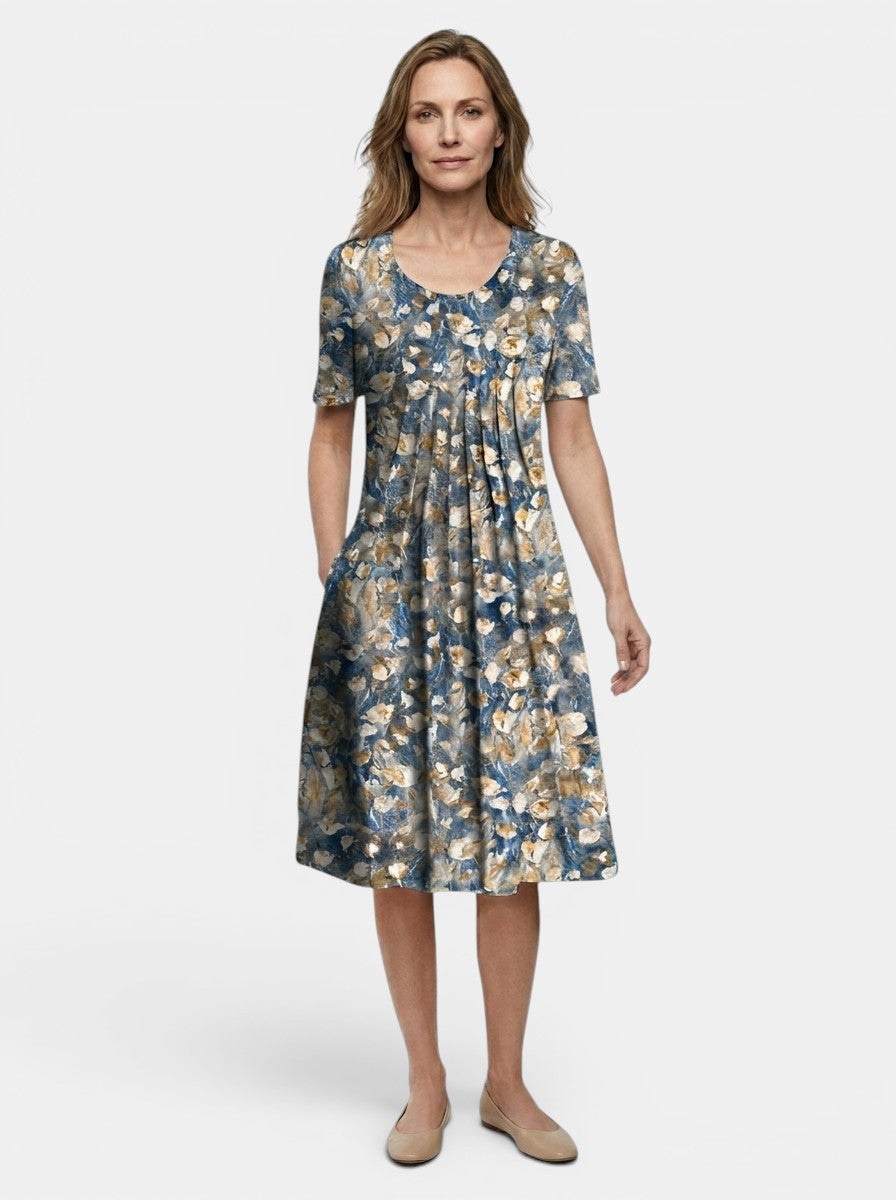 Theodora — Lightweight Floral Print Midi Dress With Flowy A-Line Summer Silhouette Blue