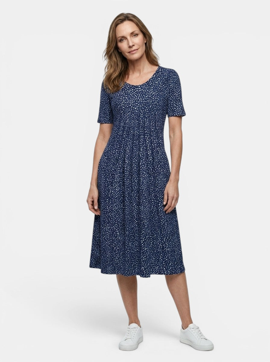 Theodora — Lightweight Floral Print Midi Dress With Flowy A-Line Summer Silhouette Dark Blue