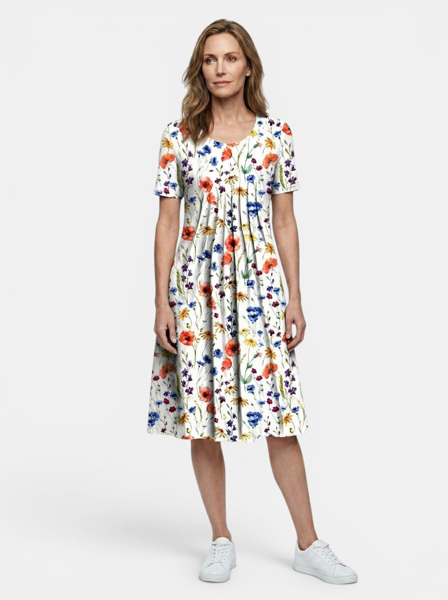 Theodora — Lightweight Floral Print Midi Dress With Flowy A-Line Summer Silhouette White