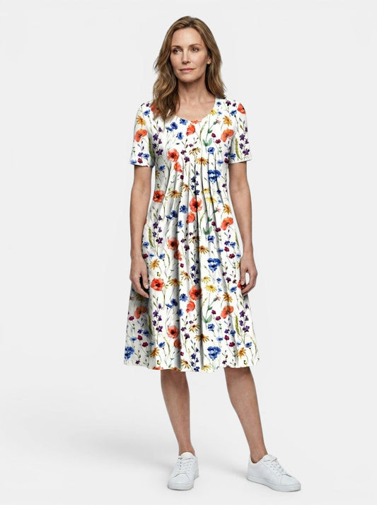 Theodora — Lightweight Floral Print Midi Dress With Flowy A-Line Summer Silhouette White