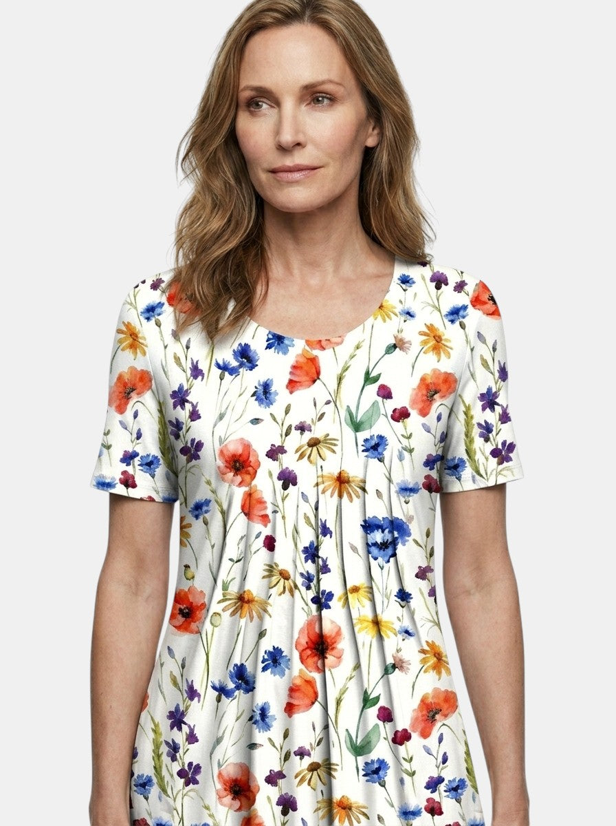 Theodora — Lightweight Floral Print Midi Dress With Flowy A-Line Summer Silhouette