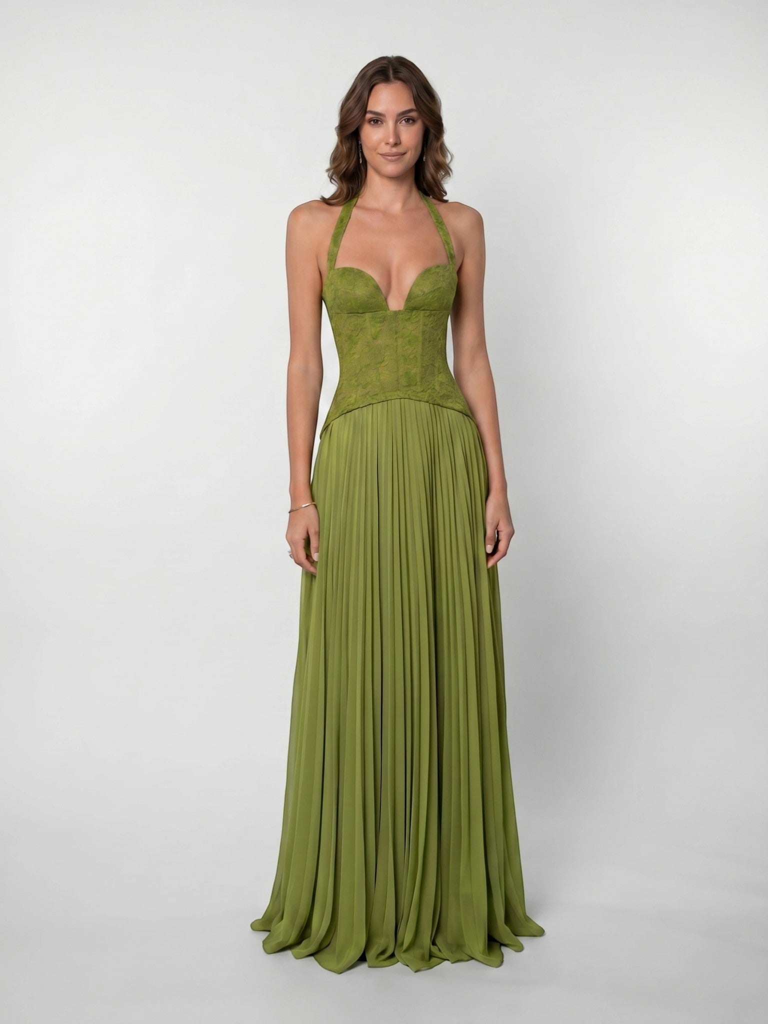 Aurelia — Lightweight Pleated Corset Maxi Dress For Flowing Summer Evening Glamour Green