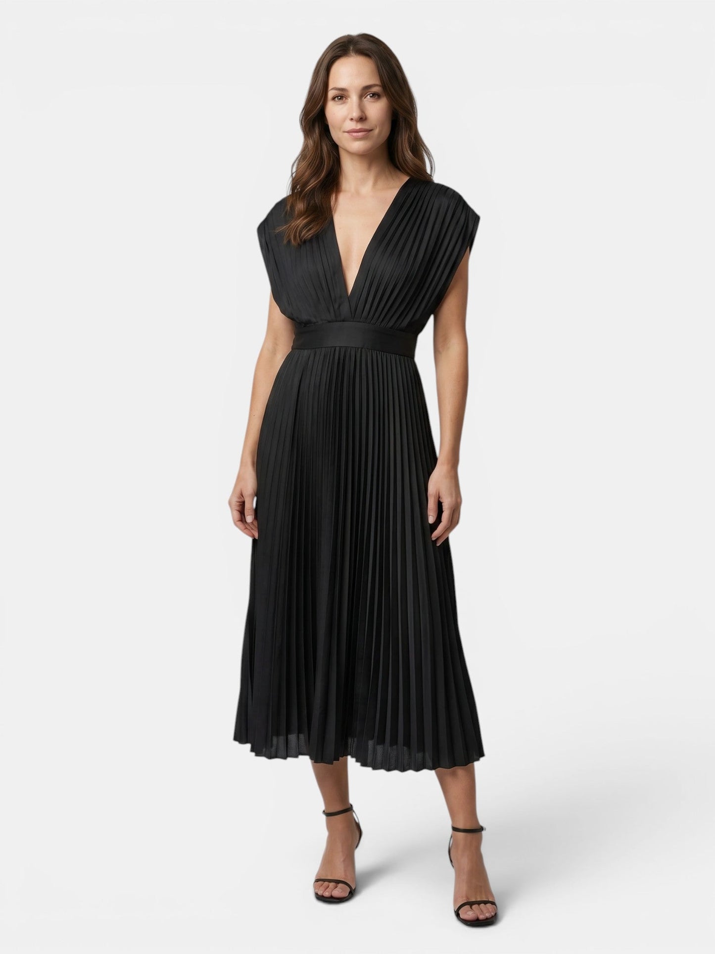 Demelza — Lightweight Pleated Maxi Dress With Elegant Draped V-Neck Design Black