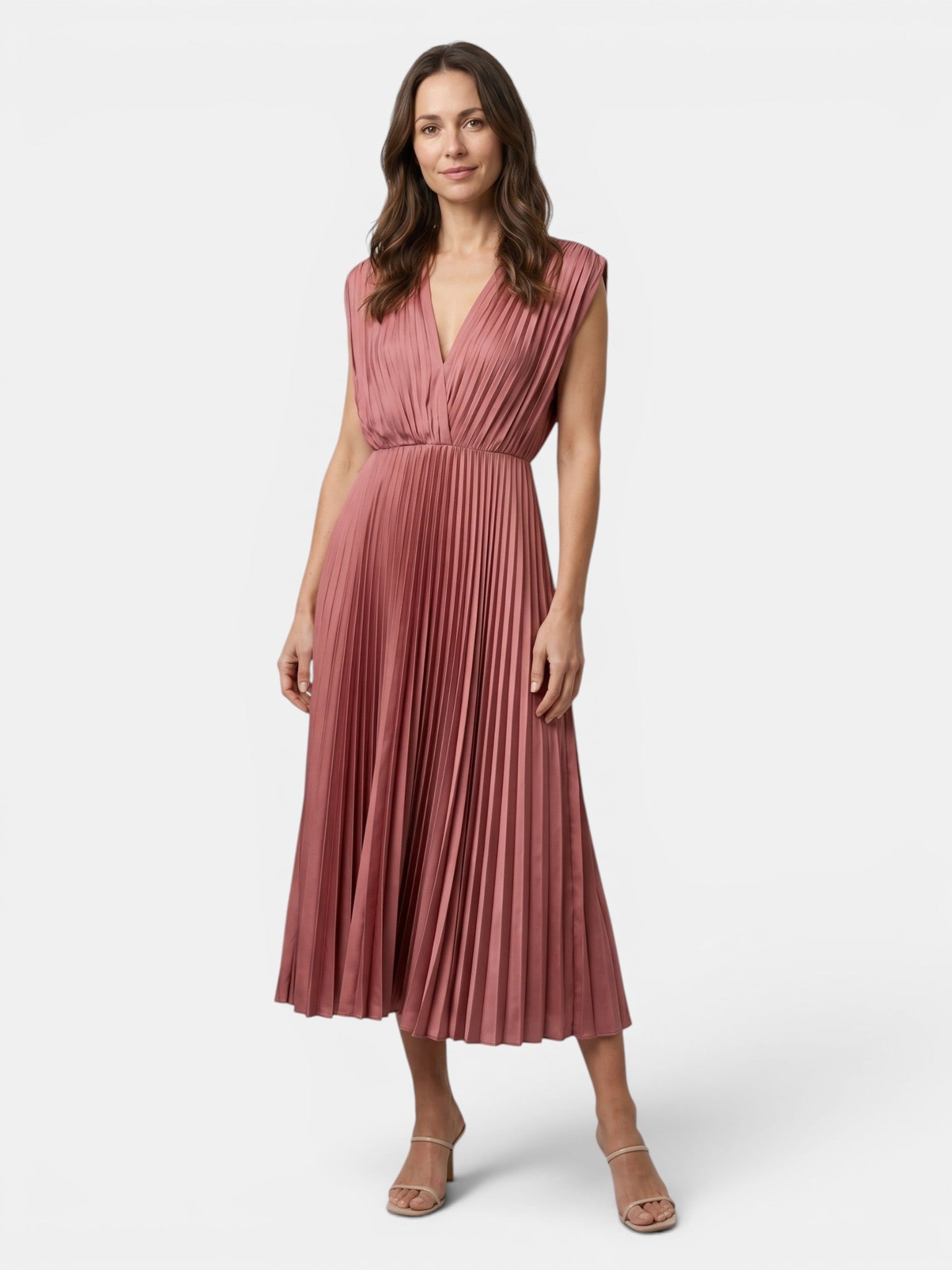 Demelza — Lightweight Pleated Maxi Dress With Elegant Draped V-Neck Design Pink