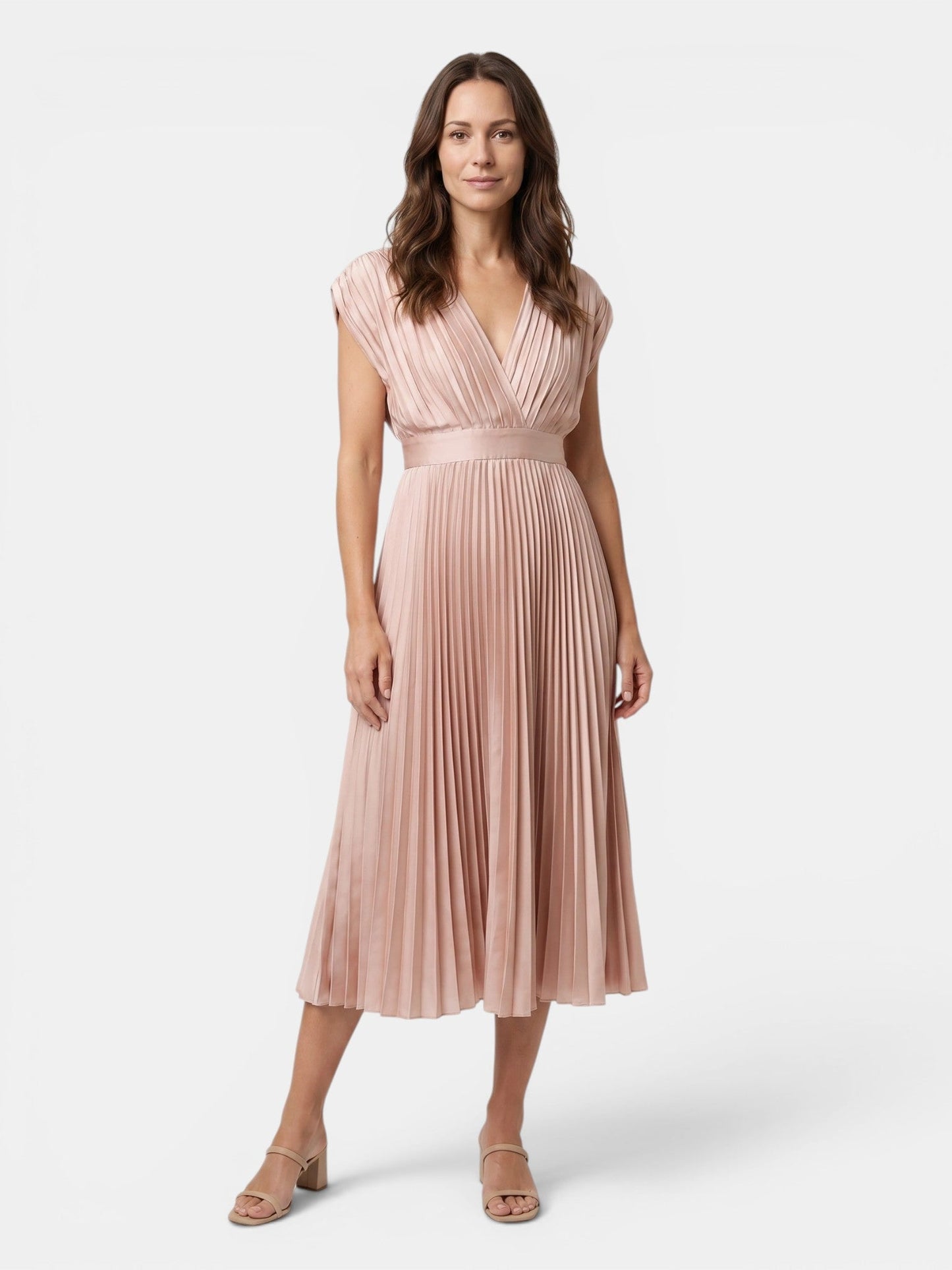 Demelza — Lightweight Pleated Maxi Dress With Elegant Draped V-Neck Design Beige