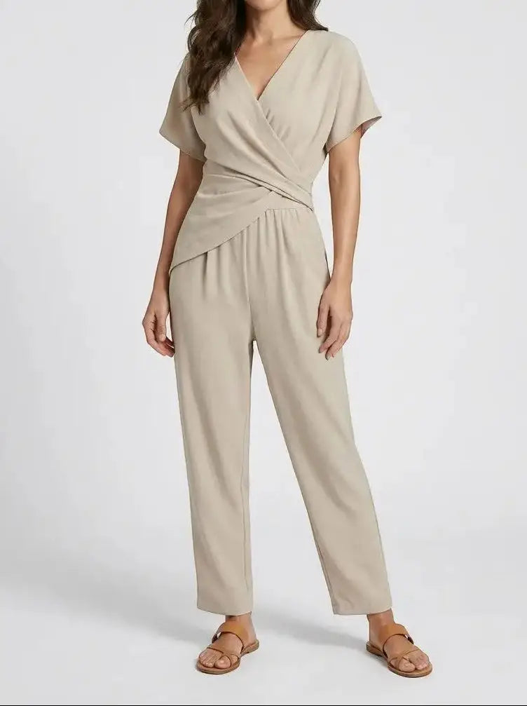 Wren — Lightweight Two-Piece Set With Elegant Wrap-Front Top And Tailored Trousers Apricot