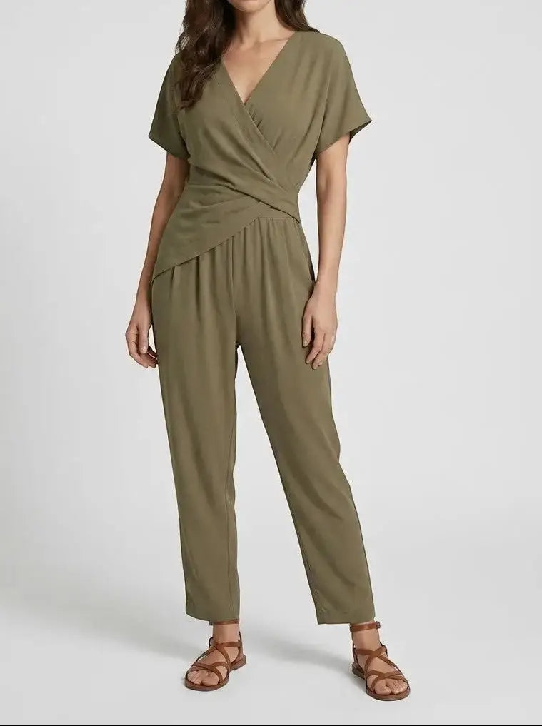 Wren — Lightweight Two-Piece Set With Elegant Wrap-Front Top And Tailored Trousers Khaki