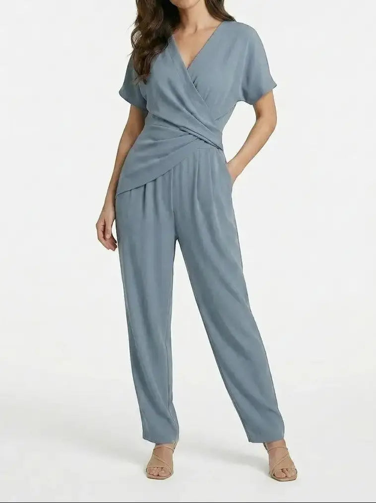 Wren — Lightweight Two-Piece Set With Elegant Wrap-Front Top And Tailored Trousers Blue