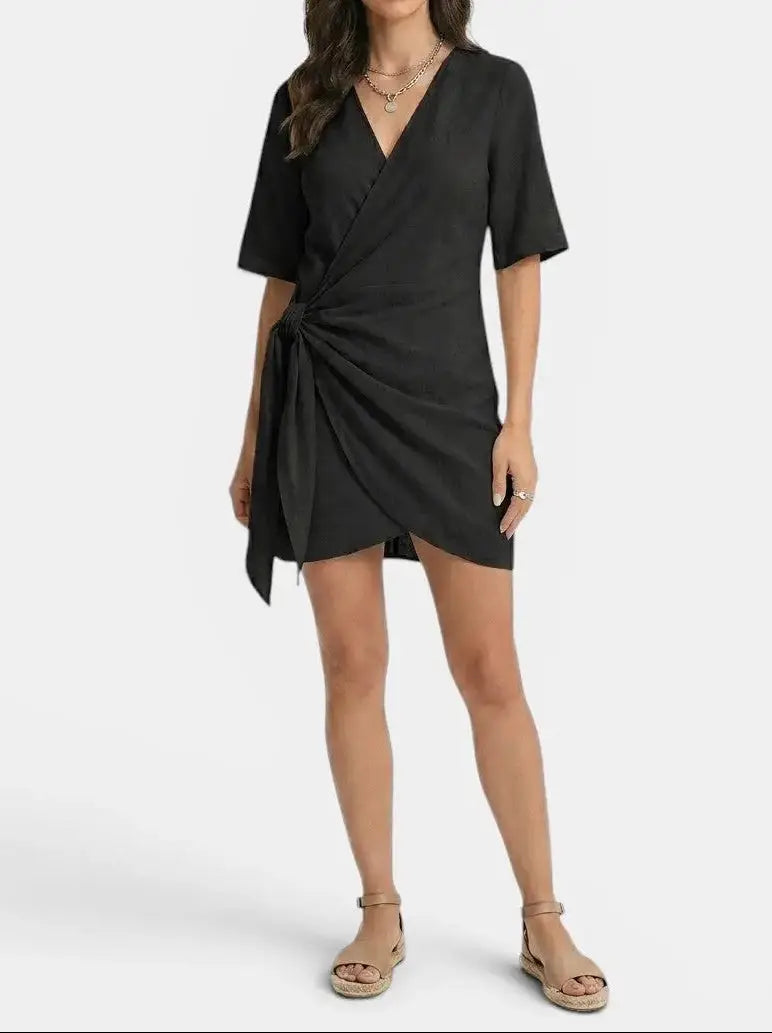 Linnet — Linen Blend Wrap Mini Dress With Elegant Asymmetrical Hem Summer Design Black