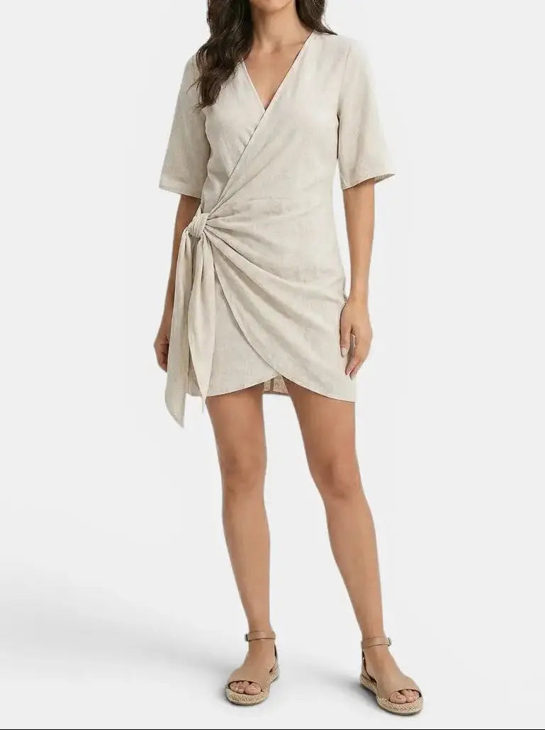 Linnet — Linen Blend Wrap Mini Dress With Elegant Asymmetrical Hem Summer Design Beige