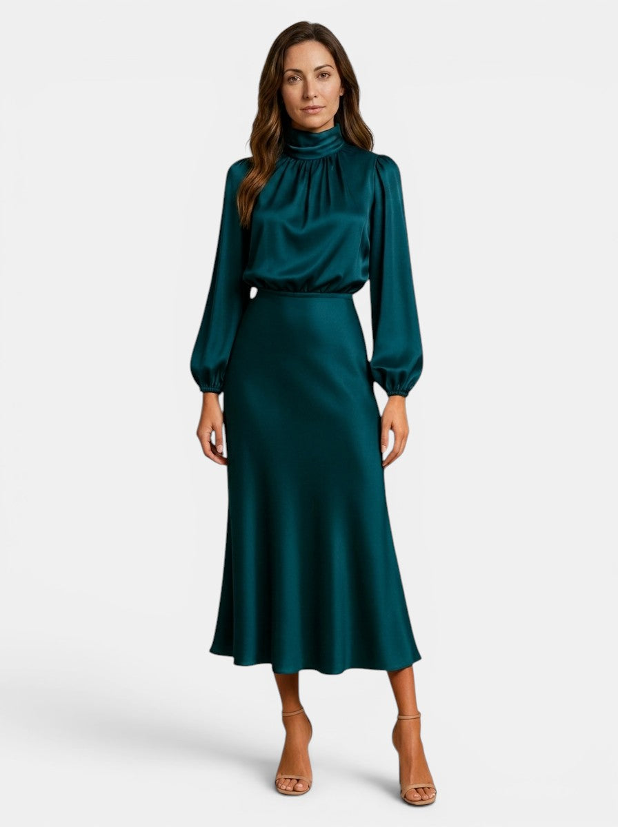 Theodora — Lustrous Midi Dress With Elegant High Neck And Flared Skirt Green