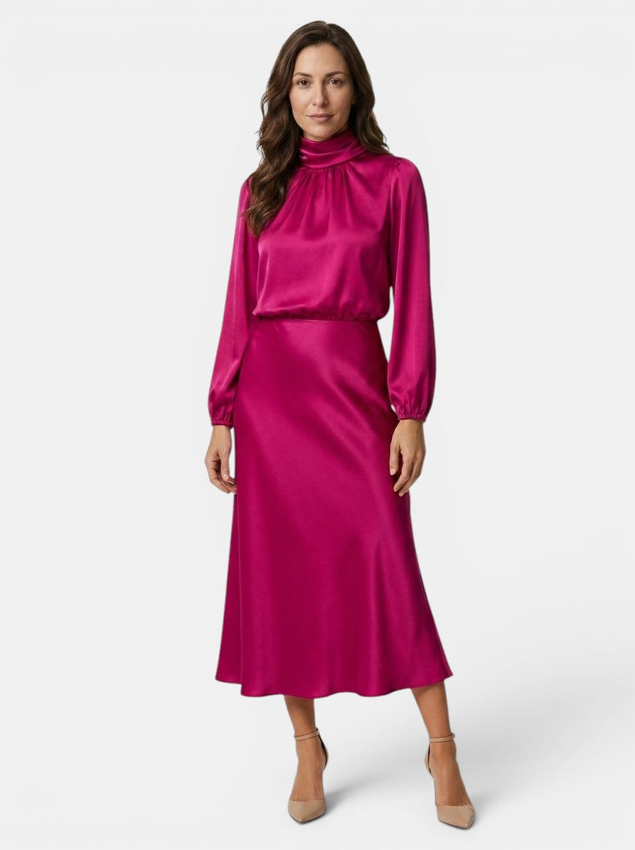 Theodora — Lustrous Midi Dress With Elegant High Neck And Flared Skirt Dark Pink