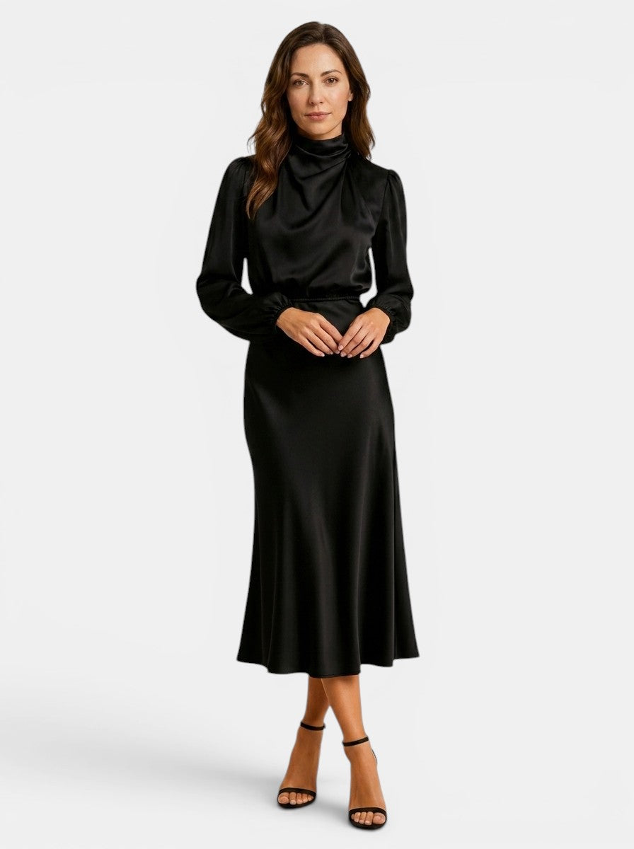 Theodora — Lustrous Midi Dress With Elegant High Neck And Flared Skirt Black