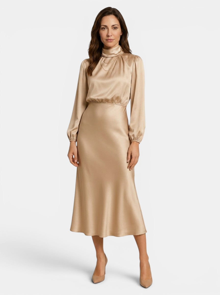 Theodora — Lustrous Midi Dress With Elegant High Neck And Flared Skirt Beige