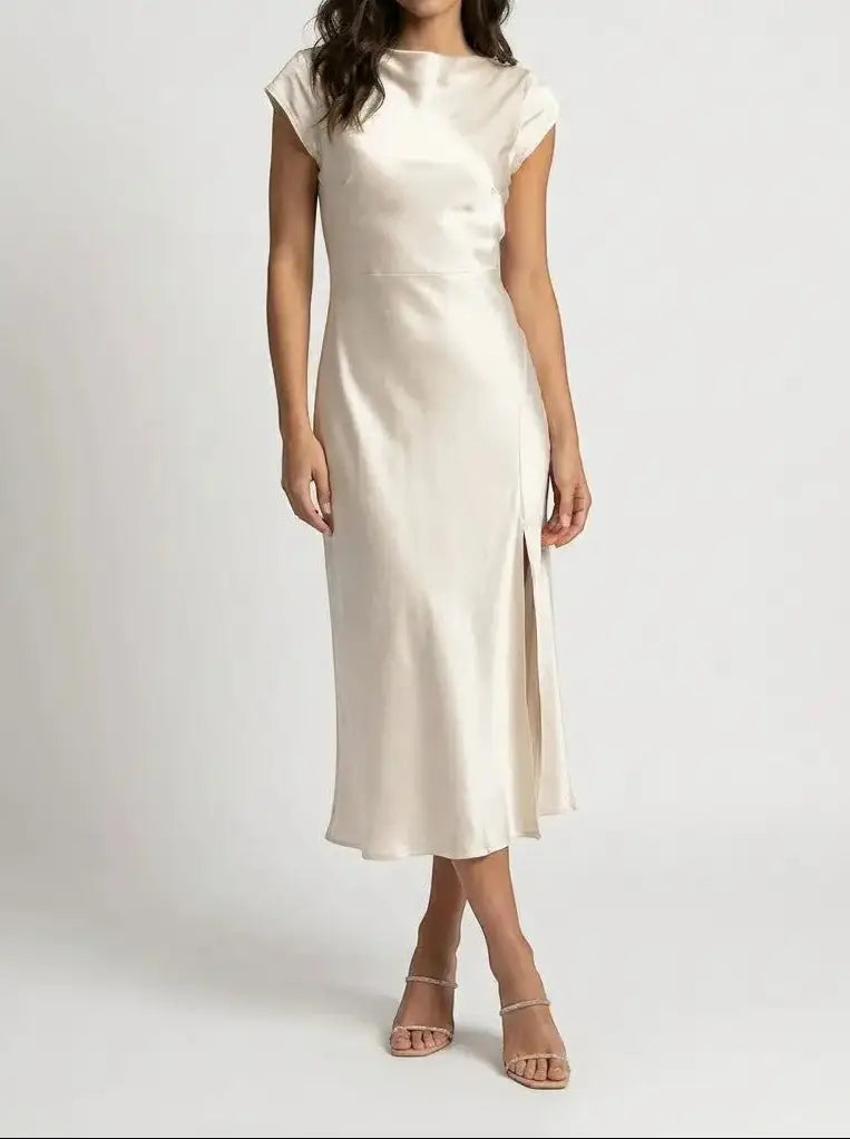 Vivienne — Minimalist Midi Slip Dress For Elegant Fluid Cocktail Evenings Champagne Gold